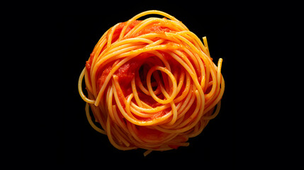 Italian spaghetti with tomato sauce and grated parmesan top view on black board 