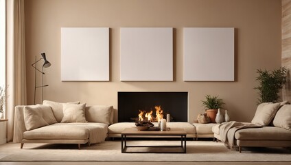  Three empty canvases on beige wall with modern living room fireplace