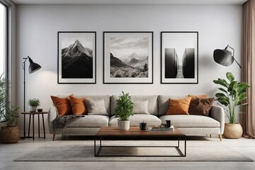 Three mock up posters frame on wall in modern interior background