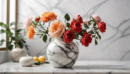  Vase with flower isolated on white marble table and white marble backgrounds with copy space