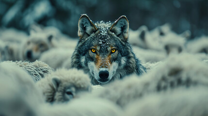 A Wolf Amidst a Herd of Sheep With Yellow Eyes. 