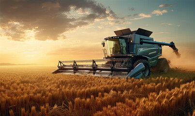 Naklejka premium Combine harvester harvesting the wheat on the amazing wheat field