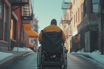 Obraz premium A man in a wheelchair navigates a snowy street, showcasing his resilience and determination.
