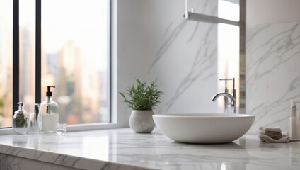 Fototapeta na wymiar White bathroom marble countertop with copy space on blurred window background