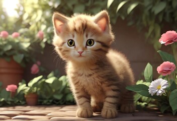 Cute kitten in home garden 3D rendering, smiling, jumping