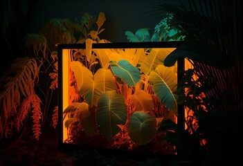 Tropical Plants Illuminated with Orange and Yellow Fluorescent Light. Jungle Environment with Rectangle shaped Neon Frame. Generative AI