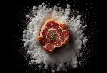 Top view of pork coated with salt and waiting to be baked. Generative AI