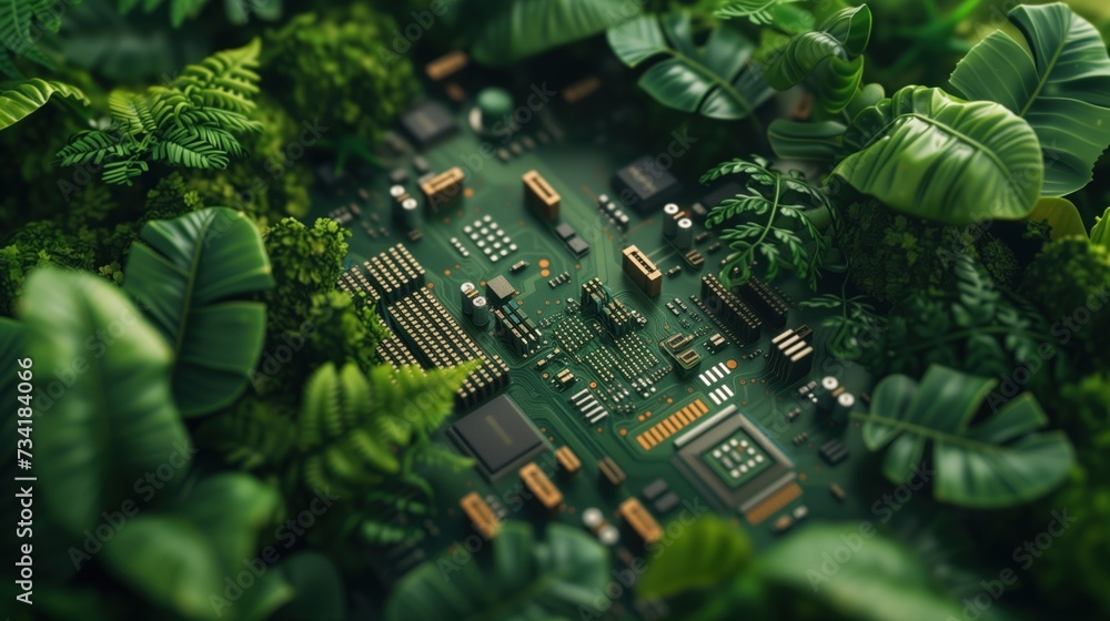 Poster close-up of biodegradable tech gadgets amidst lush greenery, emphasizing the seamless integration of