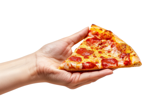Hand holding a slice of salami pizza, transparent or isolated on white background