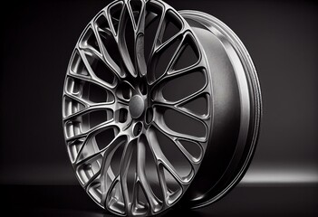 Modern automotive alloy wheel made of aluminum on a black background, industry. Designer fashion wheels for car. Generative AI
