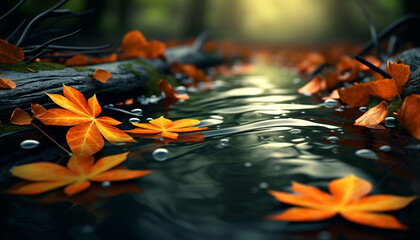 Vibrant autumn colors reflect on tranquil pond, nature abstract beauty generated by AI