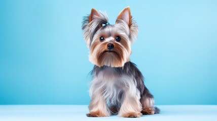 Portraite cute fluffy puppy Yorkshire Terrier cute fluffy puppy on on bright trendy blue background colored background. Little smiling dog. Free space for text.