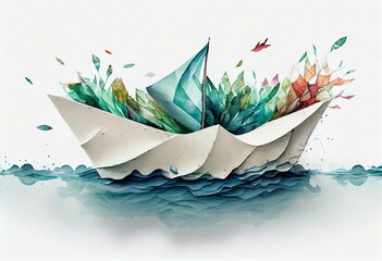 white paper boat floating in the water. Watercolor illustration of river and ship isolated on white background. Generative AI