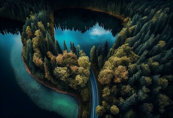 Aerial view of road between green forest and blue lake in Finland. Generative AI