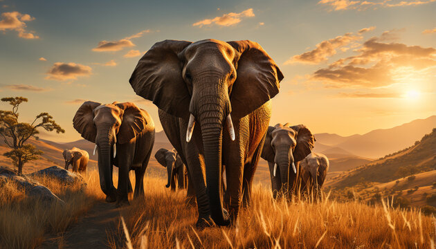 African elephant herd walking in the tranquil savannah landscape generated by AI