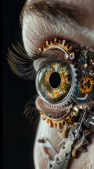 A human eye recreated as a mechanical gear in an illustrative art showing the fusion of biology and mechanics