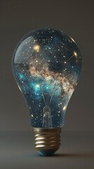 A light bulb filled with a 3D render of a stunning starscape