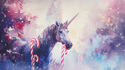 A mystical unicorn munching on candy canes with a watercolor forest background - obrazy, fototapety, plakaty