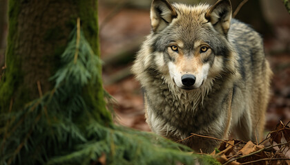 Cute gray wolf in winter forest, looking at camera generated by AI
