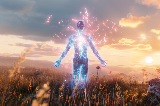 A human character with nuclear energy superpowers generating an aura of power set in 3D in a serene countryside background
