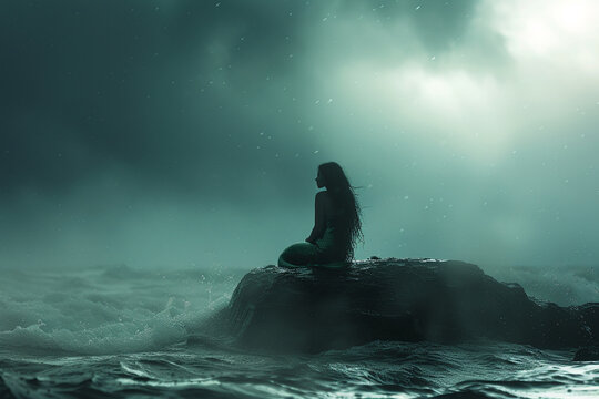 A melancholic mermaid sitting on a rock in the middle of a stormy ocean a picture of sadness and longing