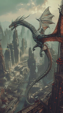 A mythical dragon with cybernetic scales soaring above a desolate futuristic metropolis