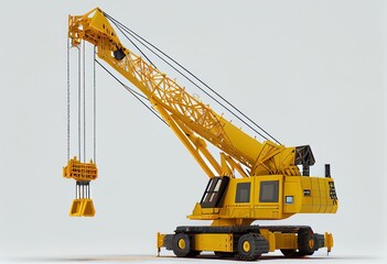 Rendering of yellow construction crane isolated on white background. Generative AI - obrazy, fototapety, plakaty