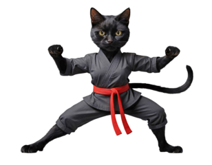 A black cat doing karate. Transparent Background.png