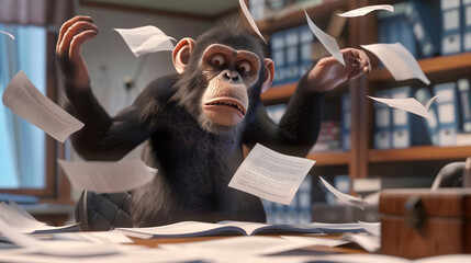A unique concept of a white collar monkey juggling papers at a corporate office desk in 3D animation - obrazy, fototapety, plakaty