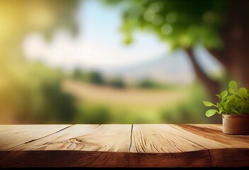 Empty wooden desk with blurry summer background. Product stand with nature background. Generative AI