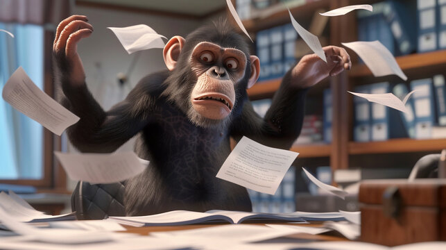 A unique concept of a white collar monkey juggling papers at a corporate office desk in 3D animation