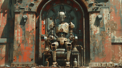 An ancient and wise robotic swordmaster sitting on a throne in a rusting futuristic castle