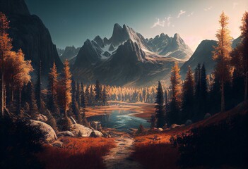 Breathtaking Realistic Landscape with forests, Meadows, and Majestic Mountains - AI-Generated Digital Art Ideal for Decorative Frames. Generative AI
