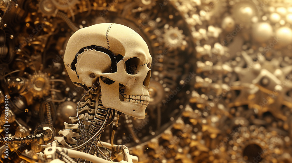 Aufkleber artistic 3d rendering of the mechanical gears constituting a skeletal system in an innovative backdr