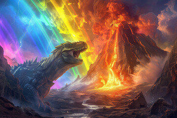 Artistic interpretation of a mythical world where a fearsome beast is framed against an awe inspiring volcano busily erupting rainbows