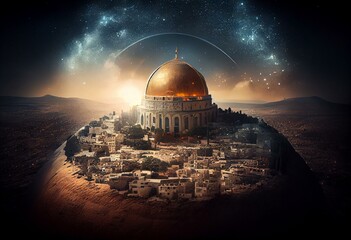 New Jerusalem Holy City of God religious depiction. Celestial city on earth. Generative AI - obrazy, fototapety, plakaty