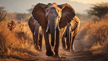 Elephant herd walking in African savannah at sunset generated by AI - obrazy, fototapety, plakaty