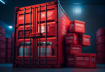 Logistic business with bunch of red containers and graphic display. Generative AI