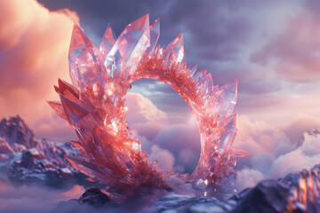 Develop a 3D depiction of a magical crystal ring existing within ethereal planes of existence in a surreal backdrop