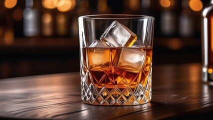 Crystal glass of whiskey with ice cubes on wooden dark background. Glass of scotch whiskey, bottles, space for text