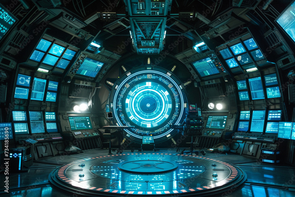 Poster incorporate a magic circle within a futuristic high tech control room filled with screens and dynami
