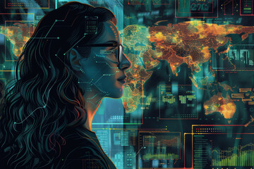 Illustrate the backdrop of a tech savvy woman surrounded by screens featuring global statistical data and world maps conveying her role in world domination - obrazy, fototapety, plakaty
