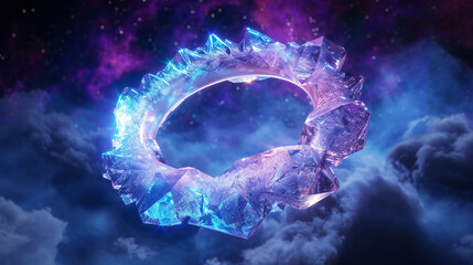 Realistic 3D render of a spellbinding crystal ring glowing with otherworldly energy against a dreamy celestial backdrop