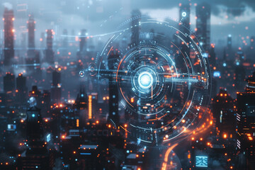 Render a futuristic cityscape with a large magic circle as its centerpiece emphasizing high tech interfaces