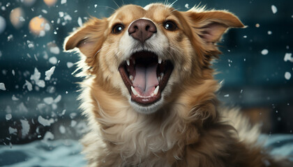 Cute puppy sitting in snow, tongue out, enjoying winter generated by AI