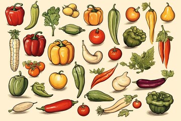 Illustrations of various vegetable foods including peppers. Generative AI