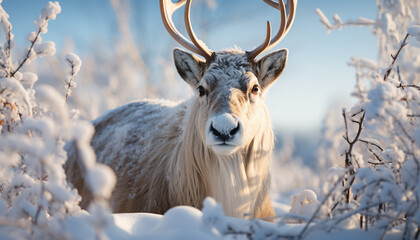 Obraz premium Cute deer gazes at camera in snowy forest landscape generated by AI
