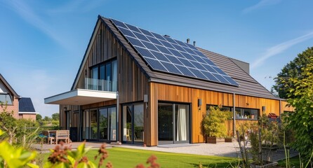 Renewable energy residence: modern home with solar panel roof. Green energy house with photovoltaic roof and lush garden.