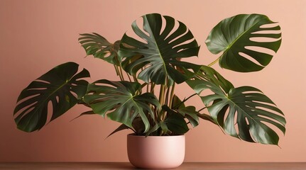 'Monkey Leaf' in a light pink pot isolated on a coral brown background. Warm tone.