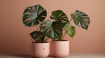 Obraz premium 'Monkey Leaf' in a light pink pot isolated on a coral brown background. Warm tone.